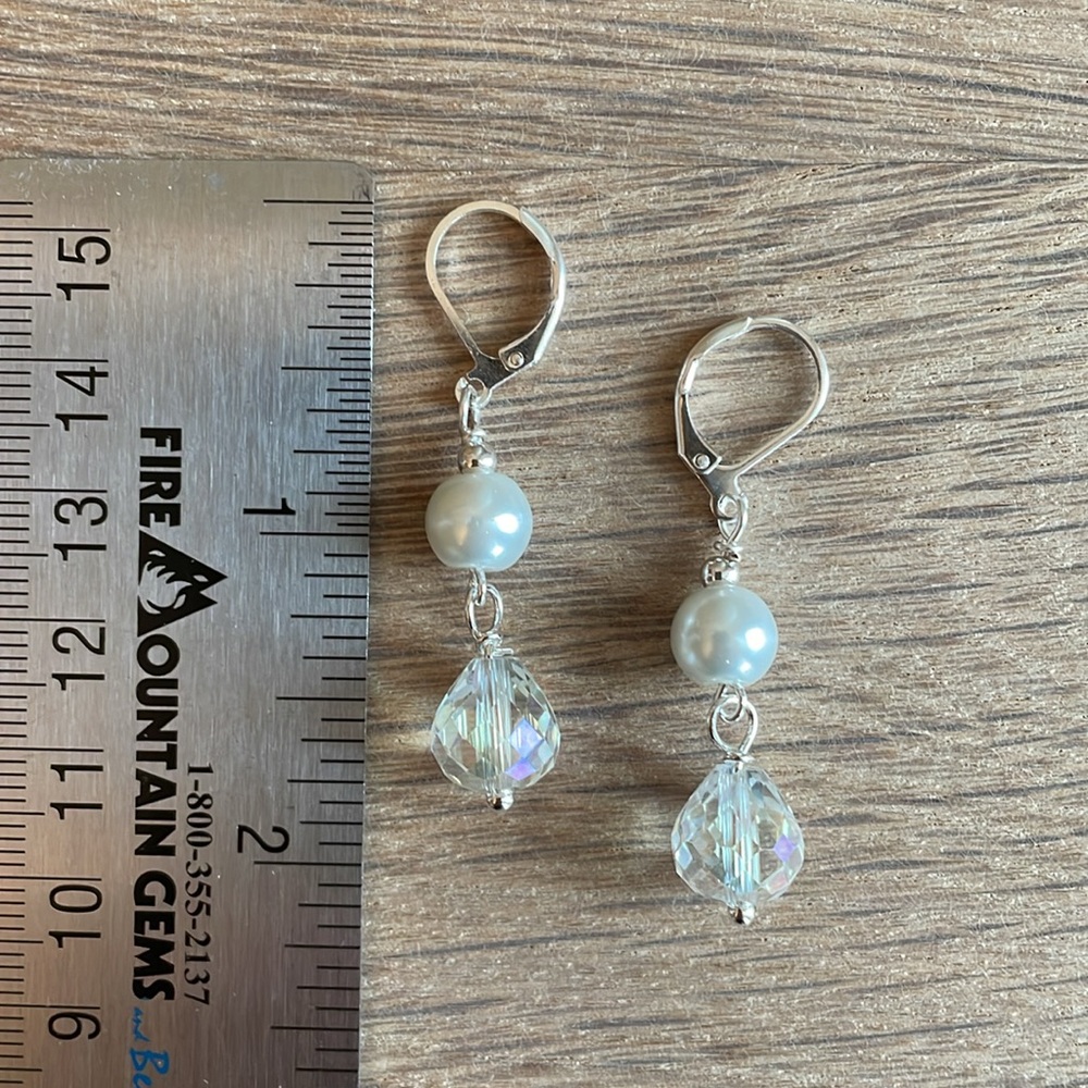HAND CRAFTED DROP EARRINGS WITH PEARLS AND CRYSTALS White Pearls AB Crystals - Picture 7 of 12